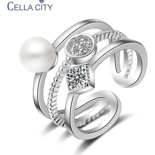 Cellacity Geometry Fashion Pearl Ring for Women Opening Silver 925 Jewelry Gemstones Korean Fashion Style Female Ring for Party