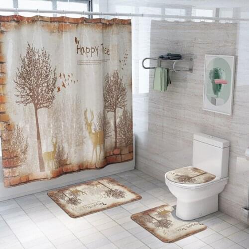 Forest Deer Printed Bath Mat and Shower Curtain Set Non Slip Bathroom Foot Pad Washable U-Shaped Toilet Rug Toilet Carpet Set