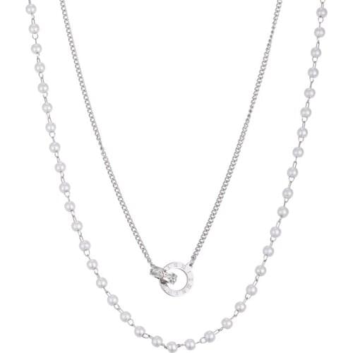 ONYSS Punk Multi Layer Silver Plate Interlocked Round Pearl Beads Pendant Necklace Chains