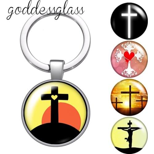 Fashion Christian Cross Faith God Blessed glass cabochon keychain Bag Car key chain Ring Holder Charms keychains for Gifts