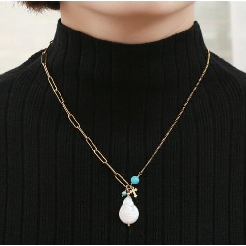 Korean trendy jewelry special-shaped freshwater pearl natural stone cross pendant stainless steel gold-plated sweater necklace