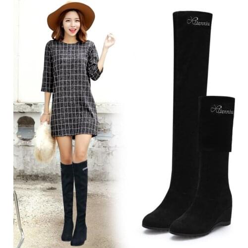 Autumn/Winter 2020 new slope-heeled plus-velvet boots Korean version over-knee boots womens single thin boots platform boots