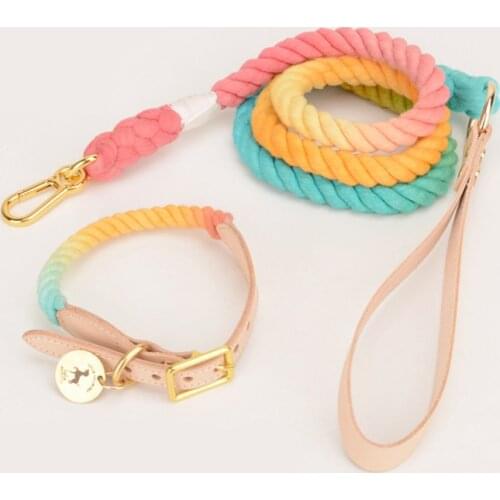 Genuine Leather Dog Collar Lettering Rainbow Woven Cotton Traction Rope Custom Anti-lost Small Medium Large Card Dogs and Cats