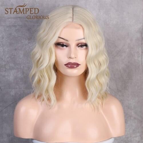 Stamped Glorious Synthetic Bob Wigs for Women Middle Part Short Wavy Blonde Bob Wig High Temperature Red Black Daily Hair Wig