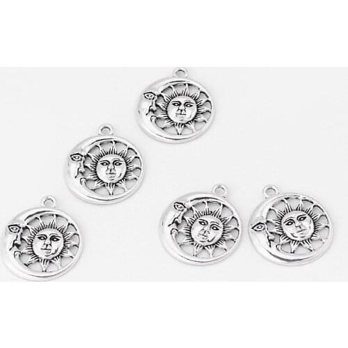 10PCS Antique Silver Zinc Alloy Hollow Sun Moon Charms Pendant For Jewelry Making 26*26mm DIY Necklace Accessories
