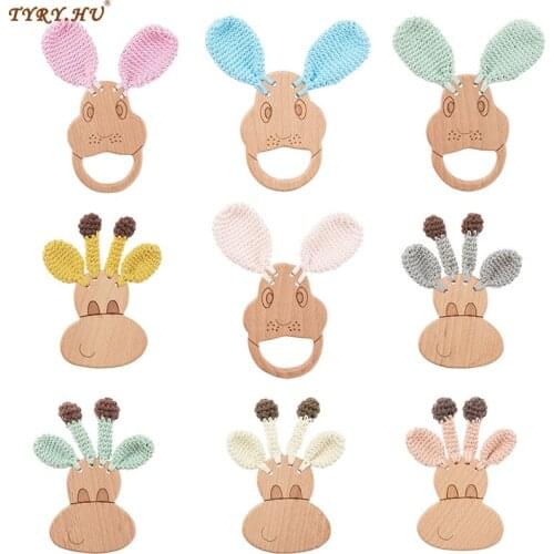 TYRY.HU 5pcs New Arrival Wooden Knitting Toy Giraffe rabbit Animal Teether Natural Teething Grasping Toys