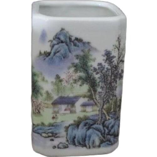 Early collection of the Qing Dynasty Guangxu famille rose landscape landscape square penholder antique porcelain ornaments