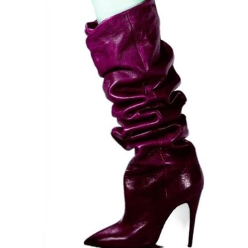 Boots Woman Genuine Leather Sexy Pointed Toe Pleated Knee High Boots High Heels Slip On Stiletto Shoes Woman 10 CM Heels