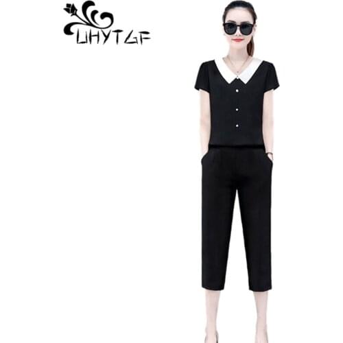 UHYTGF New Womens Summer Two-Piece Set Fashion Black Blue Short-Sleeved Professional Suit Female Loose 4XL Plus Size Outfit 1612