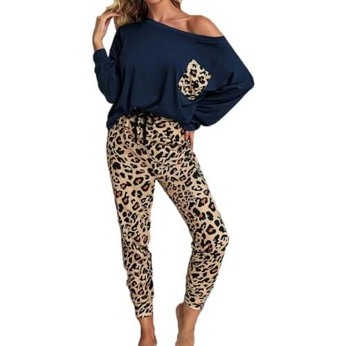 Women Long Sleeve Blouse Top Skinny Pants Leopard Loungewear Homewear Outfit