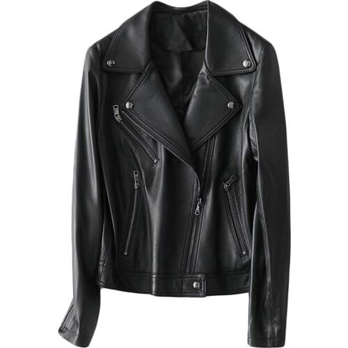 Womens Genuine Leather Jacket Short Sheepskin Suit Collar Slim Fit With Zipper Ladies Motorcycle Clothing Casual Fashion Style