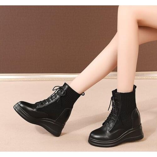 2020 New winter Japan South Korea ankle Women boots Genuine leather 8cm wedges Fashion boots increased Women shoes High help