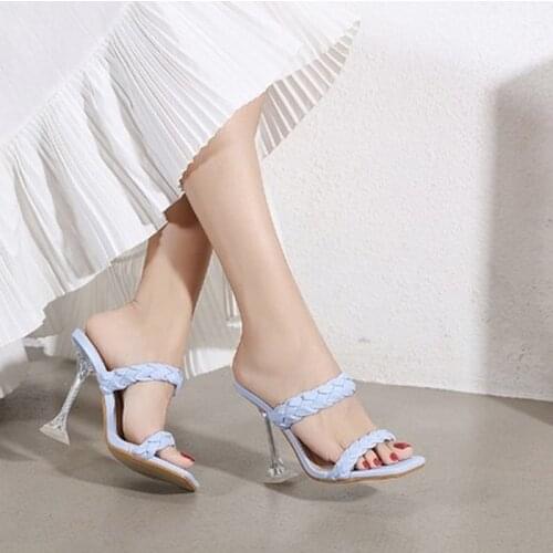 Women Sandals PU Leather Braided Sexy Crystal Thin High Heel Sandals Square Toe Slip On Summer Outdoor Weave Mules Slides Shoes