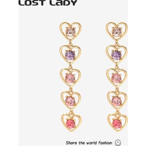Lost Lady Trendy Hollow Heart Tassel Long Hanging Earrings Charm Cute Rhinestone Earrings for Women Party Jewelry Gift Wholesale