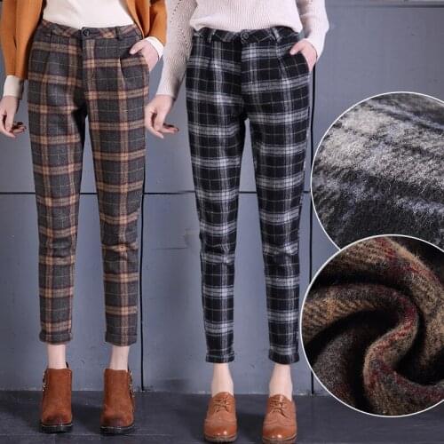 Womens plaid Woolen harem pants casual trousers 2018 new autumn and winter high waist loose feet pants plaid trousers