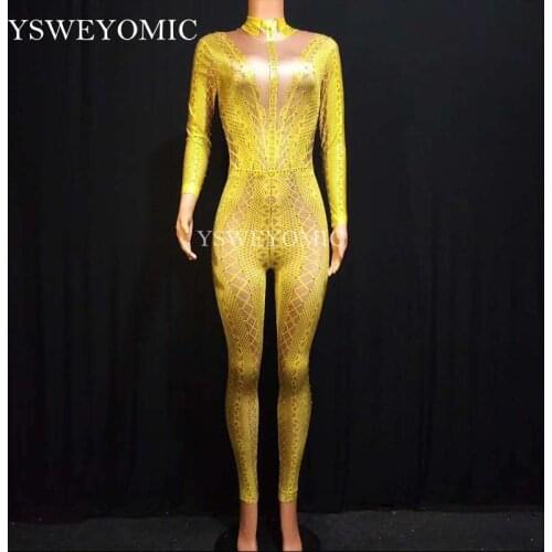 White Yellow Black Rhinestones Bodysuit Women Stretch Jumpsuit Stage Dance Wear Latin Dance Jumpsuit for women