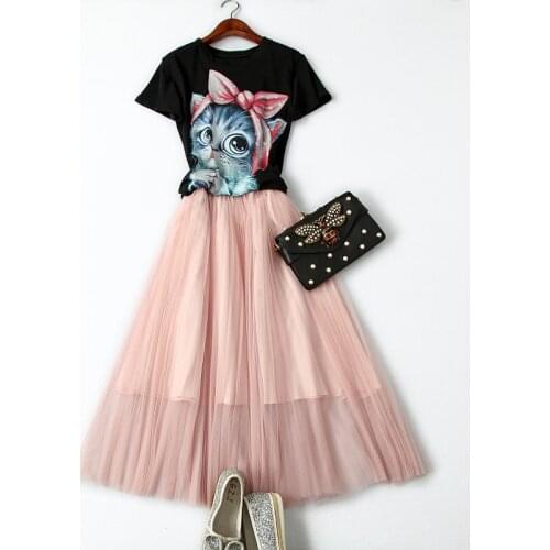 New spring 2021 summer Cartoon short sleeved T-shirt clothing set Sweet Womens Sets casual Pleated gauze Half skirt suit