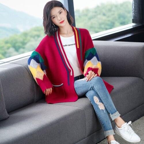 2021 Autumn Womens Single-breasted V-neck Contrast Jacket Knit Cardigan Ladies Korean Loose Sweater Green Warm Jacket With Top