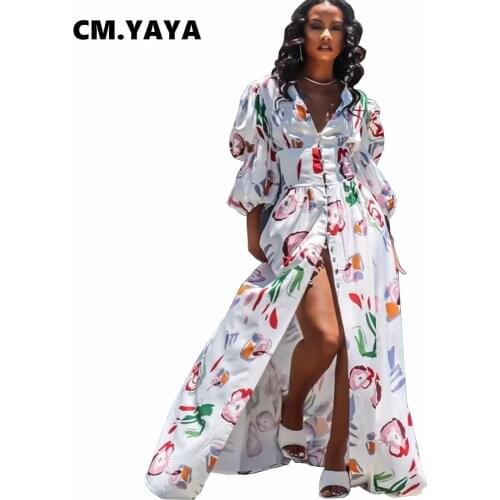 CM.YAYA Women Long Dress Print Half Puff Sleeve V-neck Single Breasted Splited Maxi Dresses Vintage Party Vestidos Summer Outfit