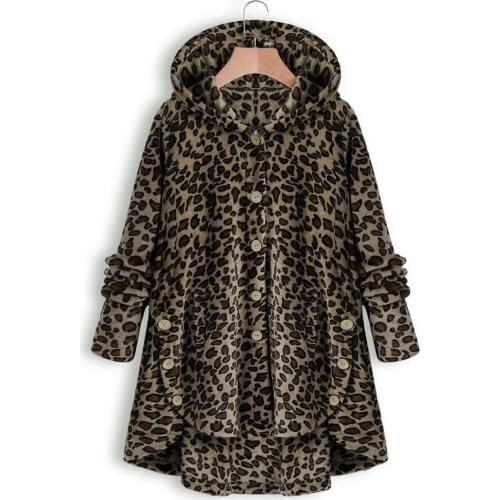 Women Winter Leopard Coat Teddy Fleece Hooded Fluffy Cardigan Oversize 5XL Loose Jacket Luxury Faux Fur Coats