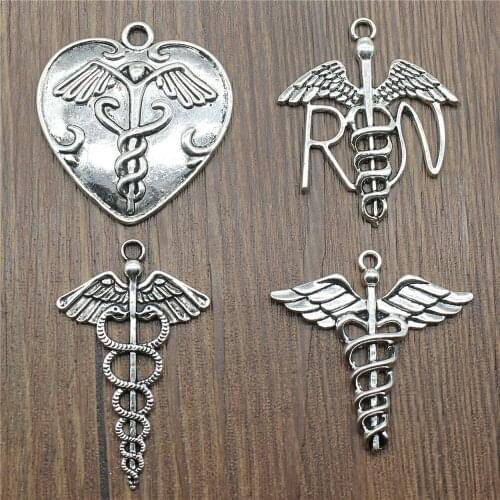 3pcs Antique Silver Color Caduceus Medical Symbol Charms For Jewelry Making Charms Big Caduceus Medical Jewelry Findings