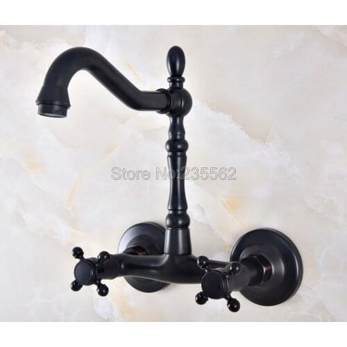 Black Oil Rubbed Bronze Wall Mount Swivel Spout Bathroom Kitchen Sink Faucet Double Handle Mixer Tap Lnf820