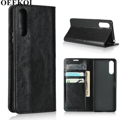 OEEKOI Crazy Horse Genuine Leather Wallet Flip Case for Sony Xperia 10 II