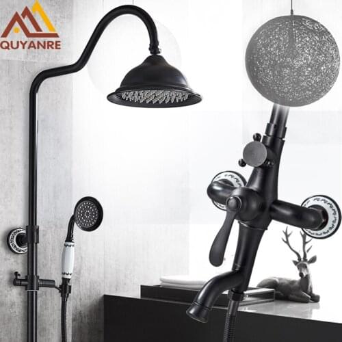 Quyanre Black Bronze Shower Faucet Set Rainfall Shower Porcelain Creamic Single Handle 3-way Mixer Tap Black Bath Shower System