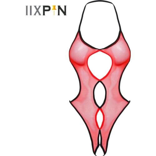 Erotic Lingerie Crotchless Bodysuit Womens Sexy See-through Mesh Nightwear Halter Neck Hollow Out Underwear Slim Fit Jumpsuit