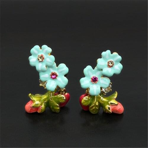 Korean Version of Simple Female Fresh Enamel Glaze Blue Tit Series Love Blue Rose Flower Green Lleaf Stud Earrings Jewelry