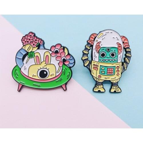 Creative Fun Alien Robot Spaceship Enamel Brooch Flower Rabbit Alloy Pins Cartoon Badge Clothes Punk Accessories Woman Jewelry