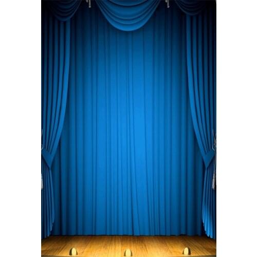 Laeacco Sea Blue Curtain Wooden Floor Stage Portrait Photographic Backdrops Customized Photography Backgrounds For Photo Studio