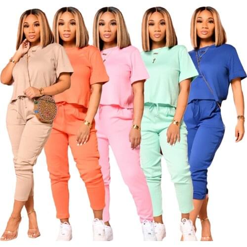 Fashion Casual Sports Two-piece Set O-Neck Short Sleeve T-shirt High Waist Lace Up Pants 2PC Set Hip Hop Streetwear Sports Suit