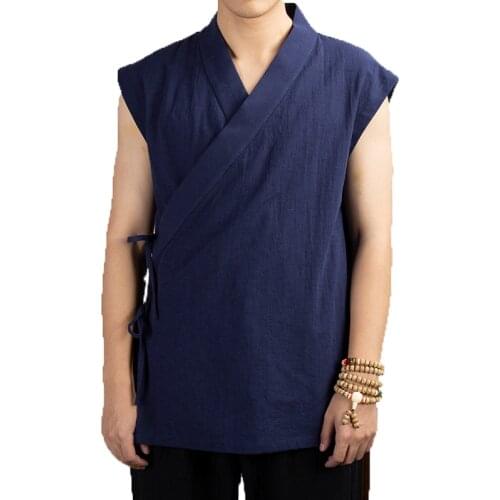 2020 Hanfu Men Linen Cotton Sleeveless Jacket Mens Tang Suit Kimono Cardigan Male Streetwear Chinese Style Open Stitch Coat Man