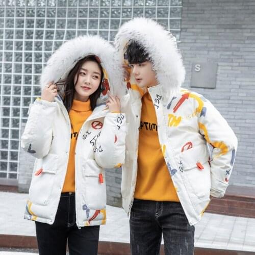 Winter Korean Mens Fur Collar Hooded White Duck Down Jacket Men Cargo Printed Trench Coat Couples Loose Thick Windbreaker S-3XL
