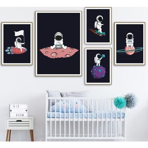 Funny Cartoon Space astronaut Planet rocket Wall Art Canvas Painting Nordic Posters And Prints Wall Picture Baby Kids Room Decor