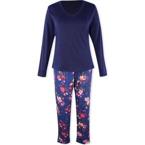 Solid Long Sleeve T-shirt Tops+Floral Print Full Length Pants 2Pcs Pajamas Sets for Women Spring Summer Laies Sleepwear Pajamas