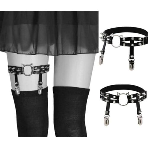Sexy Rock Pub Punk Garter Belt Rivets Leg Ring Thigh Harness Cat PU Leather Suspenders Women Girls Body Jewelry D676