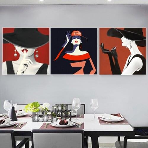 Modern Fashion Beauty Canvas Painting Black Hat Beauty Poster and Prints Wall Bedroom Living Room Home Decoration Pictures