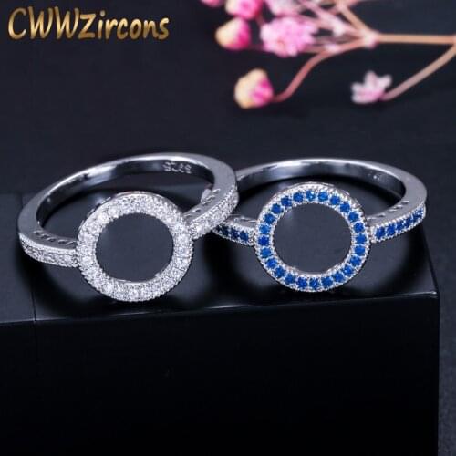 CWWZircons Hollow Out Blue Crystal Trendy Circle Round Engagement Party Finger Rings for Women Cubic Zirconia Jewelry Gift R128