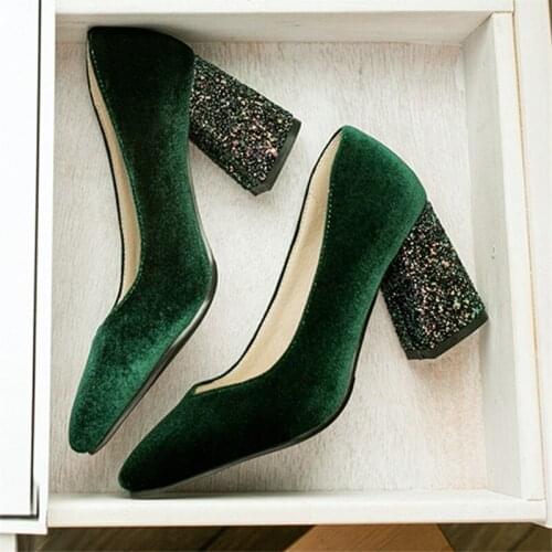 2020 European and American women pumps sexy nightclub 7.5CM Rough high heel suede shallowly Pointed Toe womens shoes Green 37