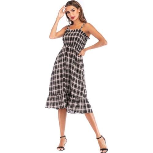Spaghetti Straps Plaid Maxi Dress For Women 2021 Summer Slash Neck Big Swing A-Line Dress High Waist Female Casual Long Dress