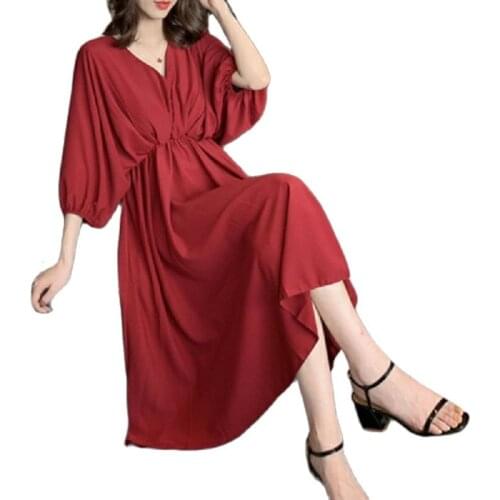Fashion Spring And Summer Plus Size Over-The-Knee V-Neck Top Dresses For Women 2021 New Chiffon Loose And Thin Temperament Dress