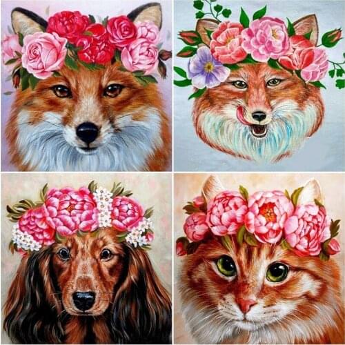 5D DIY Diamond Painting Animal Dog Cat Fox Wearing Flowers Full Drill Cross Stitch Mosaic Embroidery Rhinestone Decor Home Gift