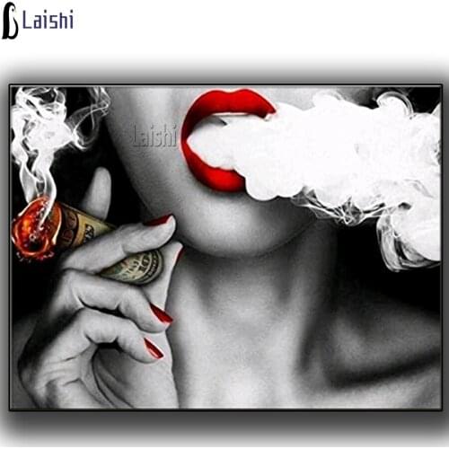 5d DIY Diamond Painting European and American glamorous female red lips cigar Art Picture Unique Furniture Decoration Gifts