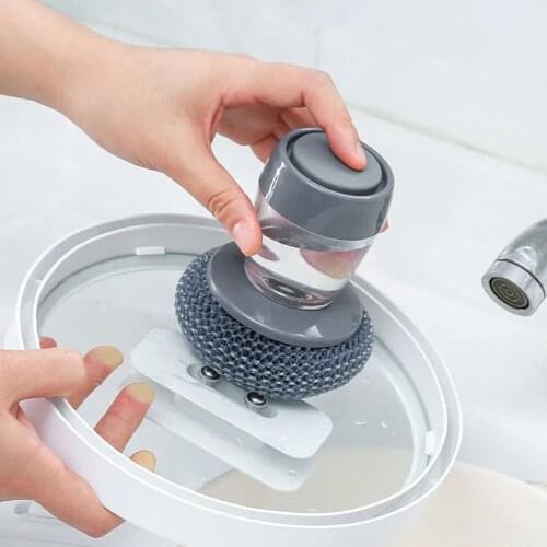 Kitchen Automatic Liquid Adding Steel Wire Ball Brush Pot Artifact Pot Washing Brush Short Handle Cleaning Brush