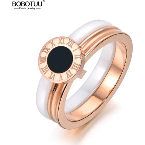 BOBOTUU Fashion 2 Layers Ring White Ceramic Wedding Rings Roma Numbers Jewelry Stainless Steel Engagement Jewelry BR18042
