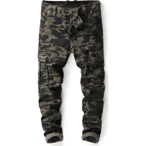 New Mens Male militaty camouflage pockets cargo pants Army patchwork slim skinny printed jeans Trousers