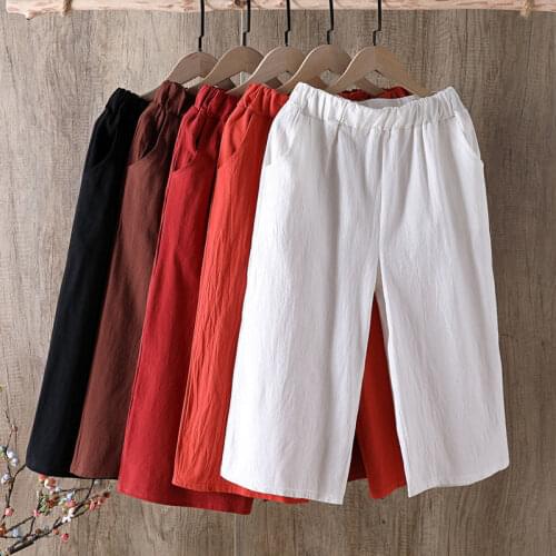 Women Pants Cotton And Linen Womens Summer Casual High Waist Loose White Cropped Pants Pantalones De Mujer