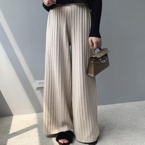 2020 Autumn Winter Striped Knitted Long High Waist Straight Women Warm Wide Leg Pants Female Trousers